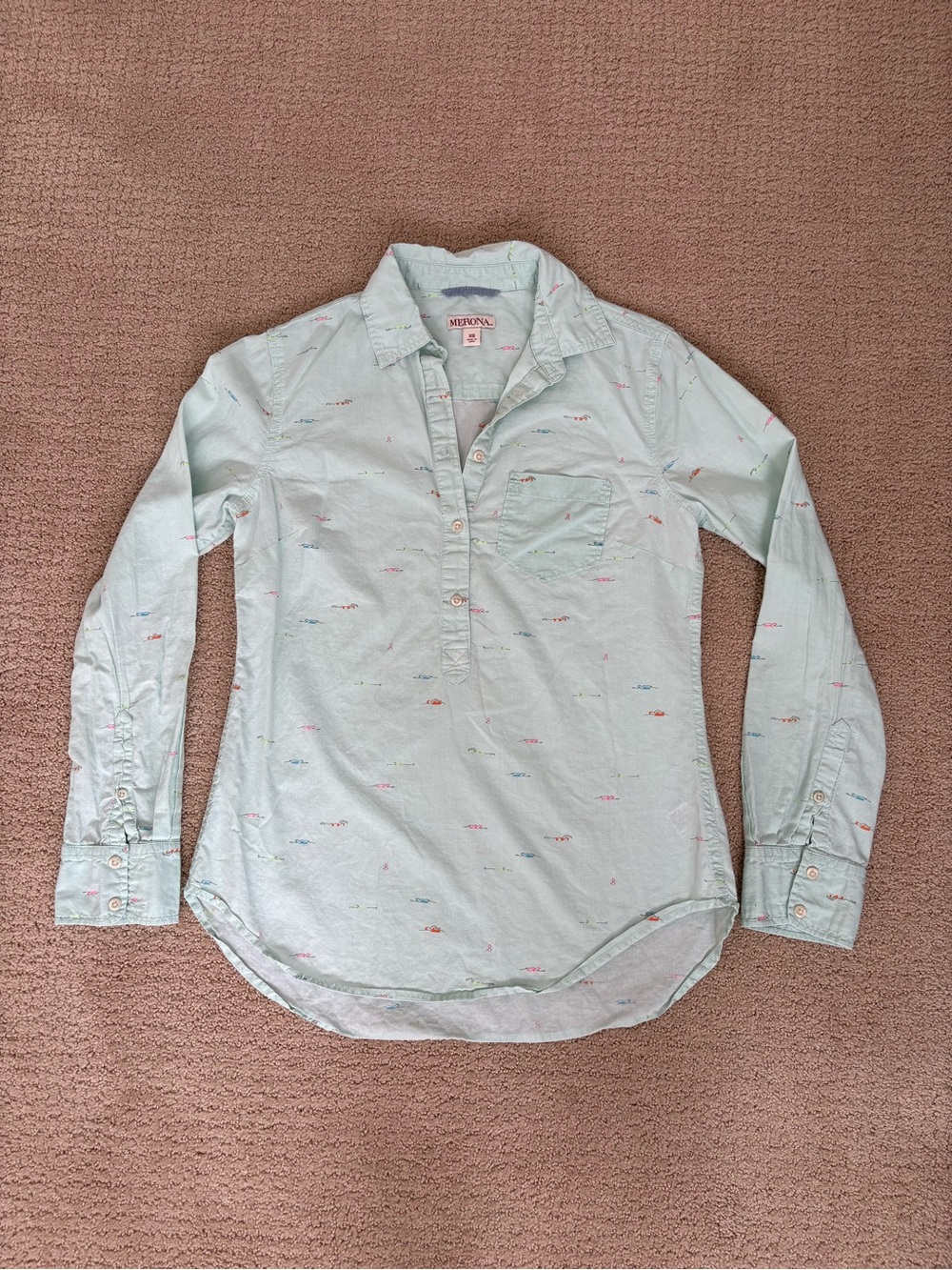 Merona Mint Green Long-Sleeve Button-Down with Tiny Multicolor ‘Swimmers’  Print